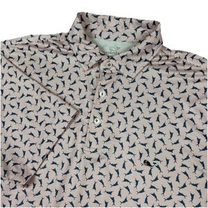 Vineyard Vines Polo Shirt Mens Medium Pink Red Stripe Fish Print Performance